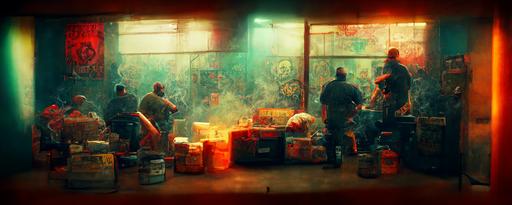 tattooed,laughing, smoking cartel members , large window, dollars, money bags, drugs,alcohols, dead cops  on the ground,cartel logo on the wall, guns in the crate, in the drug lab, dusty area, cinematic, warm colors, volumetric lights, 8k, --ar 3:1