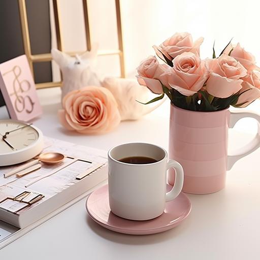 taza de cafe aesthetic en un escritorio modern junto un planificador con febrero 2024, la habitacion es rosa y tiene muchos accesorios de oficina moderna