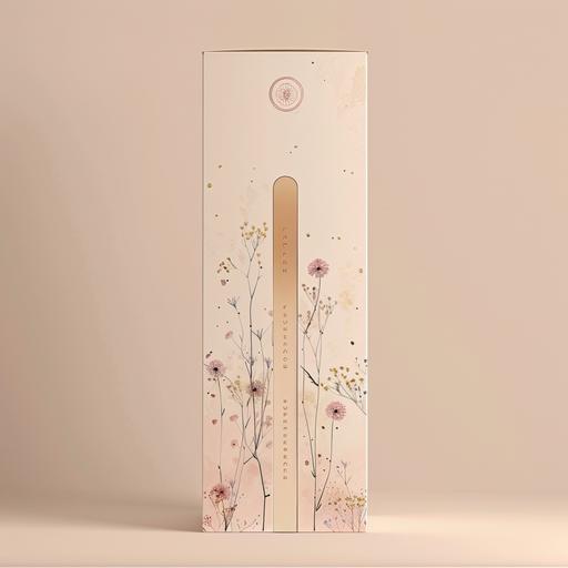 tea packaging design, tall box with thin stems starting from the bottom of the box and flowers on some stems, circle logo on top of the box, fresh modern, muted tones