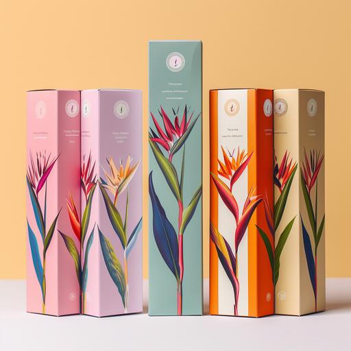 tea packaging design, tall box with thin stripes starting from the bottom of the box like stems , illustrated bird of paradise flowers on some stems, circle logo on top edge of the box, bright fresh colours, set of 5 designs