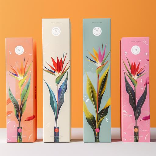 tea packaging design, tall box with thin stripes starting from the bottom of the box like stems , illustrated bird of paradise flowers on some stems, circle logo on top edge of the box, bright fresh colours, set of 5 designs