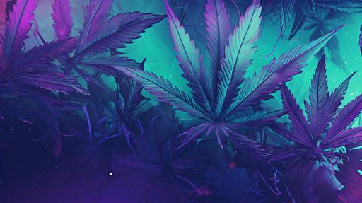teal and purple youtube banner with cannabis leaves but artsy --aspect 16:9