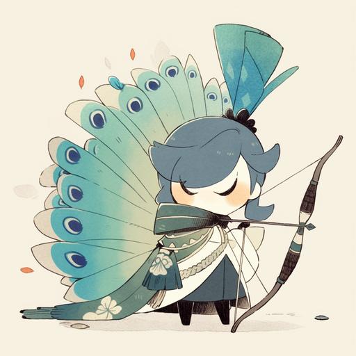 teal peacock, cartoon, holding a bow and arrow --style cute --niji 5