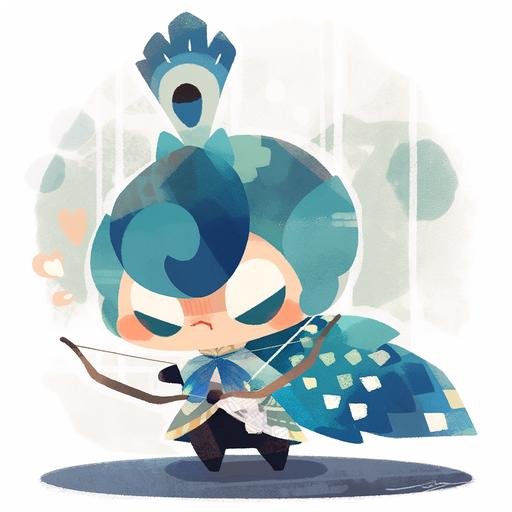 teal peacock, cartoon, holding a bow and arrow --style cute --niji 5