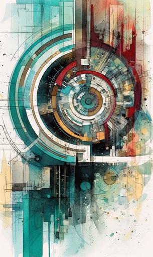 teal, yellow, deep red, bone white, technical drawing with cross sections, graphic design, warped space, a city built on the inner surface of an orbital wormhole network, confusing orientation --ar 3:5