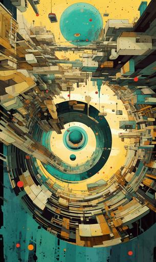 teal, yellow, deep red, bone white, technical drawing with cross sections, graphic design, warped space, a city built on the inner surface of an orbital wormhole network, confusing orientation --ar 3:5