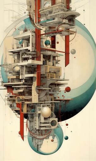 teal, yellow, deep red, bone white, technical drawing with cross sections, on unbleached white paper, graphic design, warped space, a city built on the inner surface of an orbital wormhole network, confusing orientation --ar 3:5