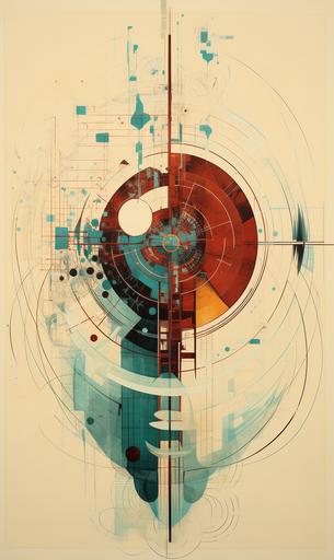 teal, yellow, deep red, bone white, technical drawing with cross sections, on unbleached white paper, graphic design, warped space, a city built on the inner surface of an orbital wormhole network, confusing orientation --ar 3:5