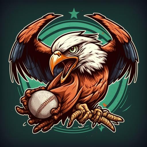 team logo, eagle grabbing softball with claws, cartoon style,