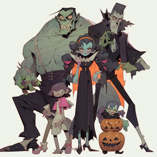 team of actors disguised as haloween monsters with a big foot,Cartoon style,--ar 4:3 --style expressive --niji 5 --s 750 --q 2