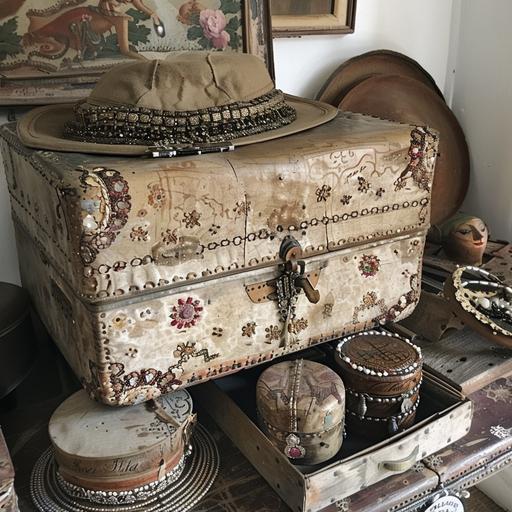 vintage travel trunk. The trunk is made of worn light leather, decorated with jewelry and embroidery and consists of two compartments: lower and upper. The bottom of the trunk is like a drawer, and the lid is closed on top. There are round boxes with hats and jewelry nearby --v 6.0