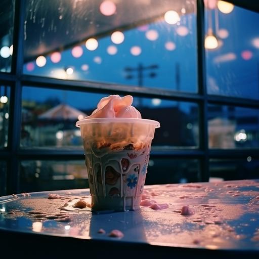 a cup of ice-cream, in the style of snapshot aesthetic, booru, natural night light, high quality photo, organic contours, ricoh ff-9d, grocery art, dusty piles, wide angle --ar 1:1