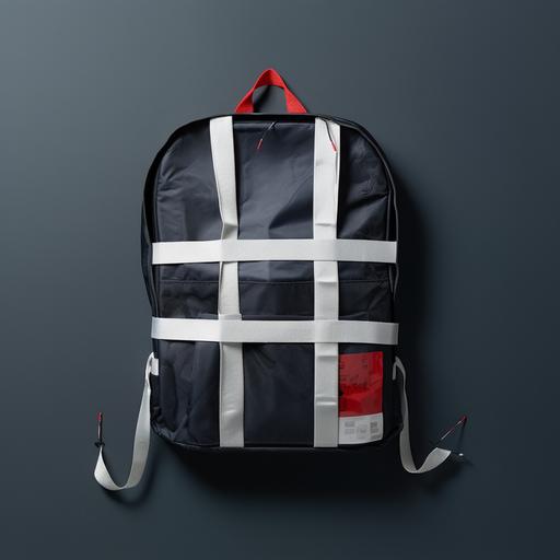 a schoolbag got stick on a black wall with 2 white thick tapes