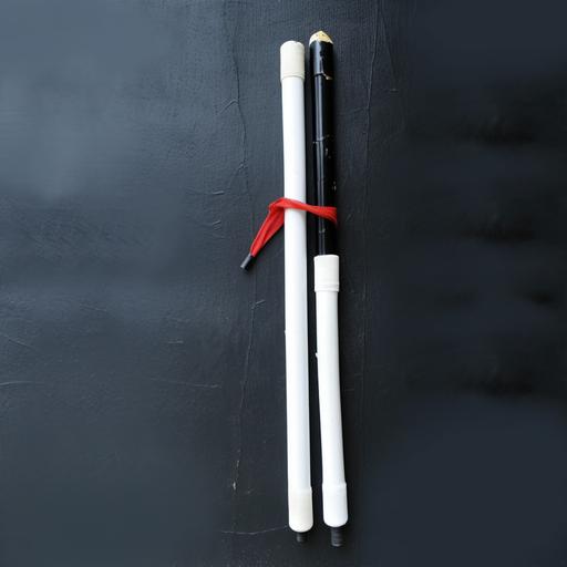 a white cane got stick on a black wall with two white thick tapes