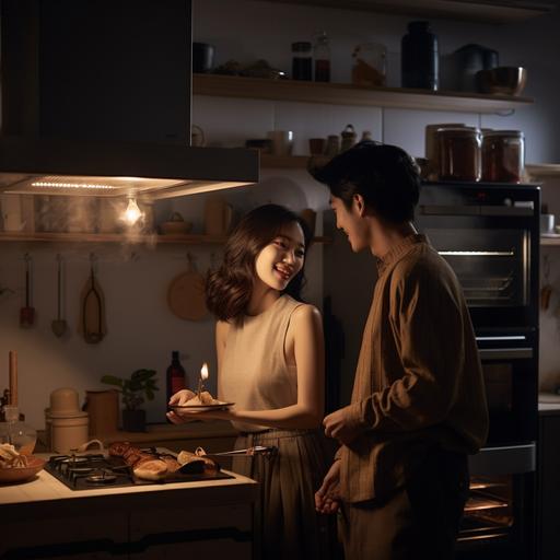 an asian couple, around 25 years old are sharing a cup of ice-cream in the open kitchen looking at each other, in the style of snapshot aesthetic, booru, natural night light, high quality photo, organic contours, ricoh ff-9d, grocery art, dusty piles, wide angle --ar 1:1