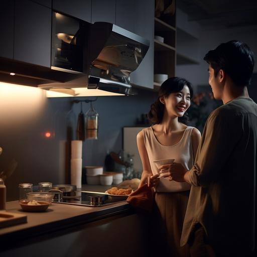 an asian couple, around 25 years old are sharing a cup of ice-cream in the open kitchen looking at each other, in the style of snapshot aesthetic, booru, natural night light, high quality photo, organic contours, ricoh ff-9d, grocery art, dusty piles, wide angle --ar 1:1