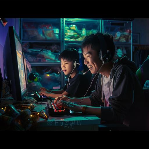 photo of an asian teenager and his dad playing computer, use colors sogt ivory deep photorealistic fantasies, in the style of snapshot aesthetic, booru, natural night light, high quality photo, organic contours, ricoh ff-9d, grocery art, dusty piles, wide angle --ar 1:1 --v 6.0