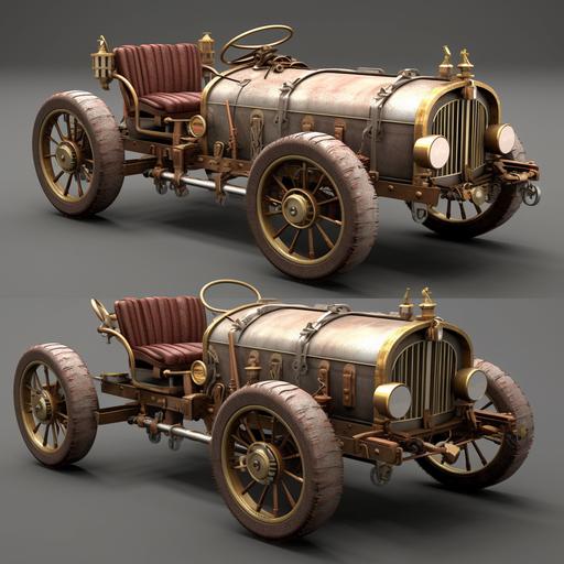 teampunk Soapbox Car Concept: Soapbox car with a steampunk look, Gears, Brass pipes, Retro light bulbs, Ornate metal plates, PVC pipes, Rust red and brass colors, Vintage leather upholstery, Antique lantern-style lighting, Steampunk embellishments, Large decorative spoke wheels, Earthy aged color tones, Mechanical elements, Functional steering and wheels, Wood and metal materials, Creative and intricate