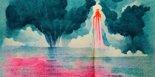 teared up acid paper colored with crayons and watercolor in a water tide thunderstorm with an arc angel hovering above telling lies and trying to understand reality - risograph.in the style of okeefe --w 488