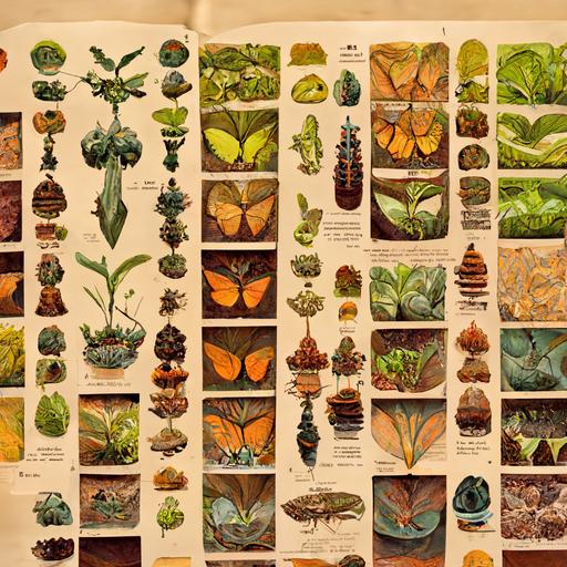 technical illustration of numerous highly differentiated and detailed insect plant hybrids, earth tones, wallpaper --ar 1:1  --s 5000                  --v 3