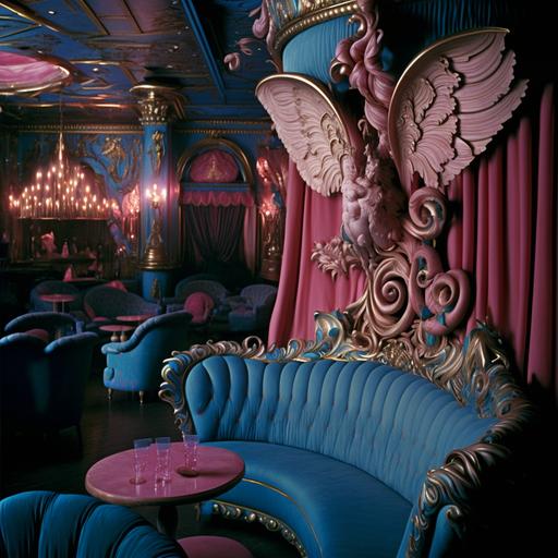 technicolor film stock, dragqueen bar filled with androgenous fairies styled after production designer Dante Ferretti, with detailed descriptions including pink heart shaped velvet curtains, chandeliers, golden mirrors, elaborate stage designs, baroque candelabras, ornate wallpaper, plush seating, and an air of grandeur and opulence::4photo super detailed
