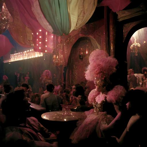 technicolor film stock, dragqueen bar filled with androgenous fairies styled after production designer Dante Ferretti, with detailed descriptions including pink heart shaped velvet curtains, chandeliers, golden mirrors, elaborate stage designs, baroque candelabras, ornate wallpaper, plush seating, and an air of grandeur and opulence. The mood and atmosphere of the scene are celebratory and festive, with an underlying sense of excitement and drama,