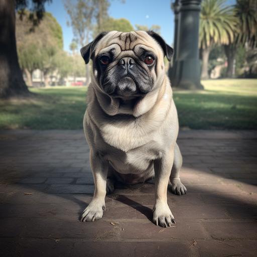 tectonic, frontal view of an old pug, show full body, include legs, light fur, face forward, symmetrical face, light, well lit room, hyper realistic, Nikon photography --v 5 --s 250