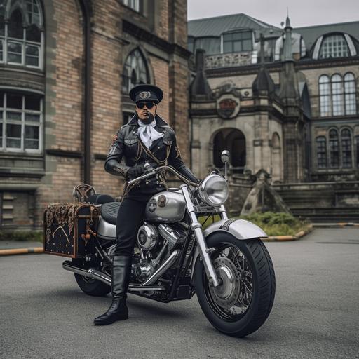 tectonic secondary school graduation party organizer riding steampunk harley-davidson wearing goth leather jacket and white captain's cap in front of military building