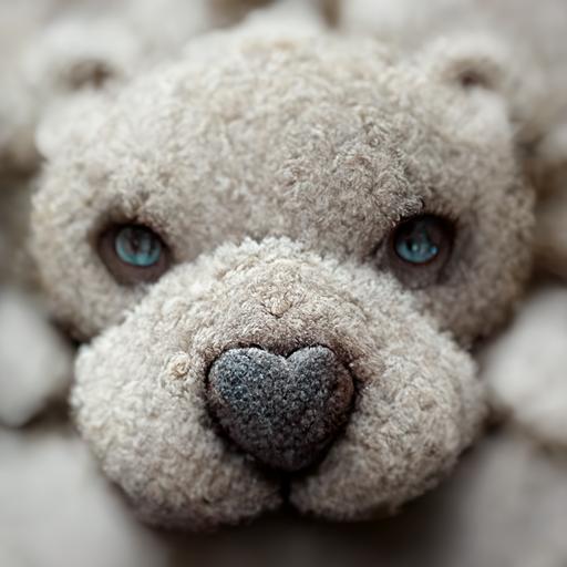 teddy bear, grey, heart-shaped nose, button eyes, paws white, hairy