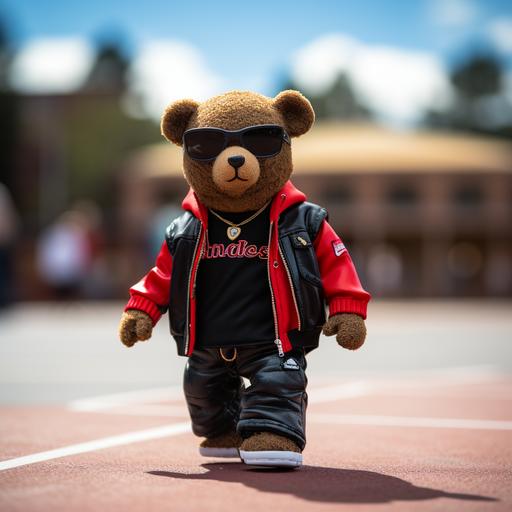 teddybear walking to basketball court wearing black and red basketball outfit with jordan air tennis shoe and gold rimmed red sunglasses--ar9.16--seed777--v5.2