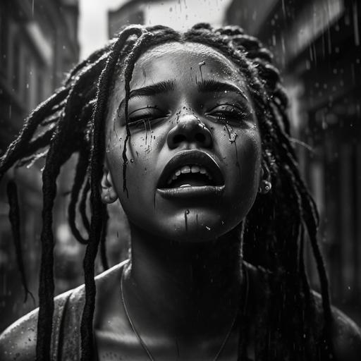 teen black female with braces and dreads crying in an alley, black and white, cinematic, urban landscape, crowds of people on street, skyscrapers, rain, volumetric lighting,ray tracing, global illumination, depth of field, photography, chromatic aberration, F/2.8, emotional