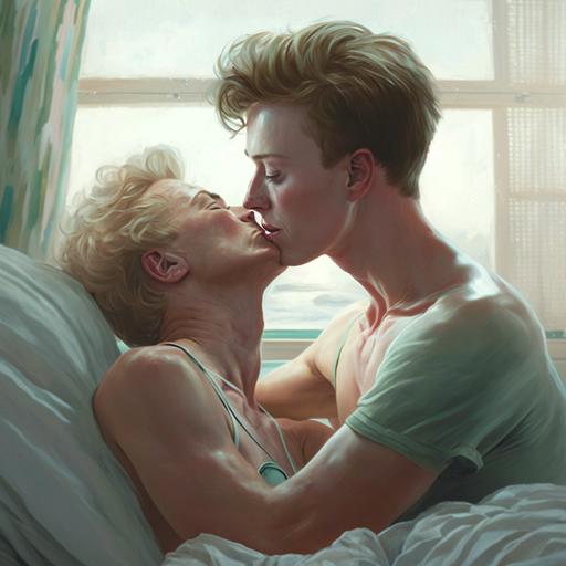 teen boy forcefully kisses his mother, son violates mother in bed, son forces mother in bed obedient mother, beautiful body, fair skin, pale skin, very open clothes, love, romantic, lakeside view, very realistic