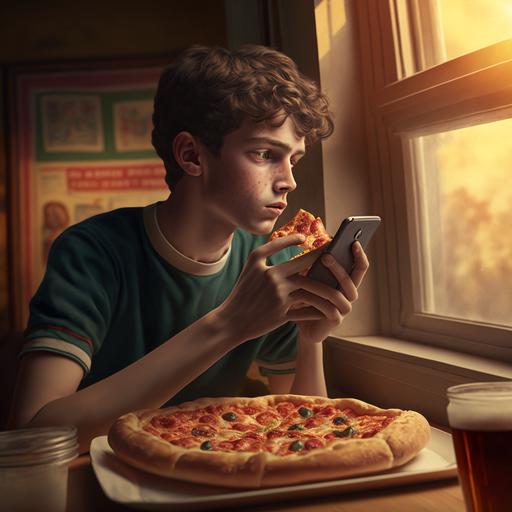 teen boy watching iphone viceo while eating pizza, photorealistic, home backround