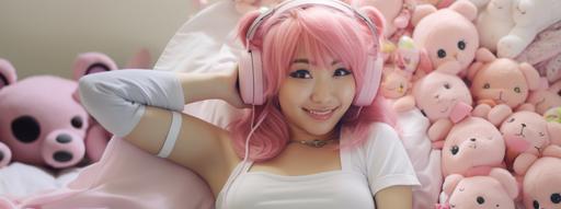 teen college Lofi girl HARAJUKU kawaii laying on bed. Camera angle is directly above her. Stuffed animals on bed. Mini skirt and crop top, with pink fishnets. Pink hair with fringe bang. Smiling with braces. Headphones on head --v 5.2 --style raw