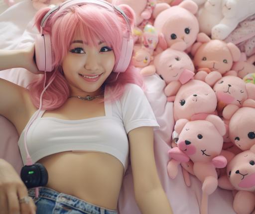 teen college Lofi girl HARAJUKU kawaii laying on bed. Camera angle is directly above her. Stuffed animals on bed. Mini skirt and crop top, with pink fishnets. Pink hair with fringe bang. Smiling with braces. Headphones on head --v 5.2 --style raw