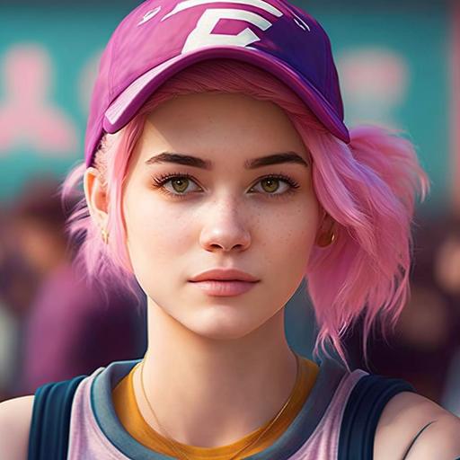 teen movie character, teen girl with dyed pink hair in basketball jersey wearing a backwards baseball cap, super realistic sports teen movie