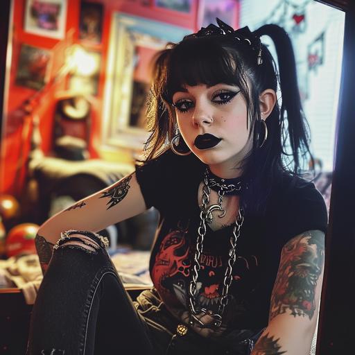 teenage Audrey Hepburn with dyed hair, black makeup and lipstick, tattoos, pierced ears and lips, selfie in front of mirror, smirking, Myspace photo, mid-2000s goth and emo aesthetic, band t-shirt, ripped jeans, dim lighting, 8k, SPECIAL EFFECTS: Ultra-detailed, LOCATION TYPE: teen bedroom --v 6.0