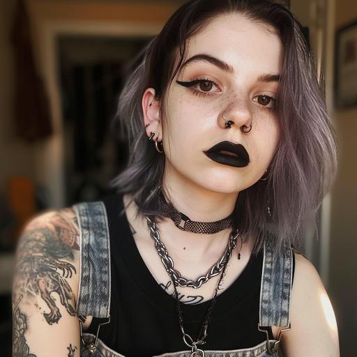 teenage Lauren Bacall with dyed hair, black makeup and lipstick, tattoos, pierced ears and lips, selfie in front of mirror, Myspace photo, mid-2000s goth and emo aesthetic, band t-shirt, ripped jeans, dim lighting, 8k, EMOTION: Depressed, LOCATION TYPE: teen bedroom --v 6.0