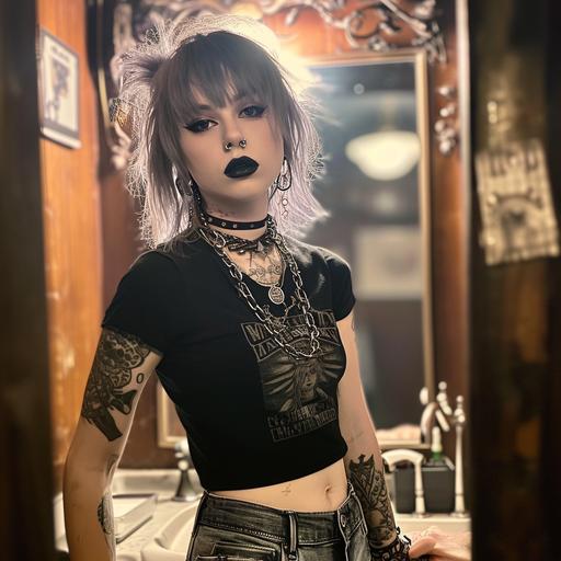 teenage Taylor Swift with dyed hair, black makeup and lipstick, tattoos, pierced ears and lips, selfie in front of mirror, smirking, Myspace photo, mid-2000s goth and emo aesthetic, band t-shirt, ripped jeans, dim lighting, 8k, SPECIAL EFFECTS: Ultra-detailed, LOCATION TYPE: teen bedroom --v 6.0