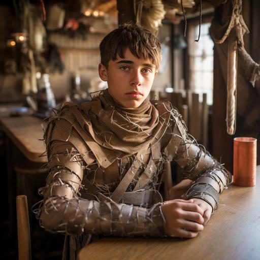teenage boy at a bar, wearing homemade armor constructed from hay, rope, and beer bottles