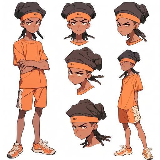 teenage boy, orange shirt, purple shorts, black skull cap, brown skin, dread locs, detailed character sheet, multiply poses and expessions, isolated on white background, character design, hyper detailed, fine details, reference sheet --niji 5 --s 250