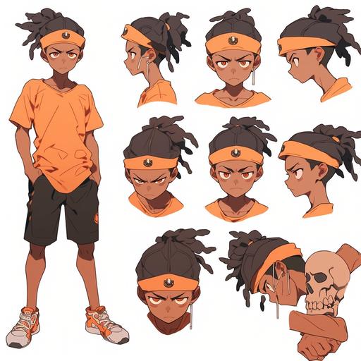 teenage boy, orange shirt, purple shorts, black skull cap, brown skin, dread locs, detailed character sheet, multiply poses and expessions, isolated on white background, character design, hyper detailed, fine details, reference sheet --niji 5 --s 250