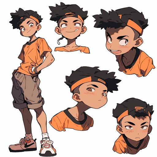 teenage boy, orange shirt, purple shorts, brown skin, black hat, detailed character sheet, multiply poses and expessions, isolated on white background, character design, hyper detailed, fine details, reference sheet --niji 5 --s 250