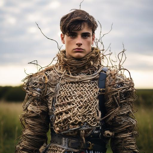 teenage boy wearing homemade armor constructed from hay, rope, and beer bottles