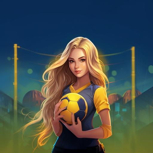 teenage girl in brazilian foodball team yellow wear od stadium, with long blond hair, with ball, all body 10% caricature --s 250