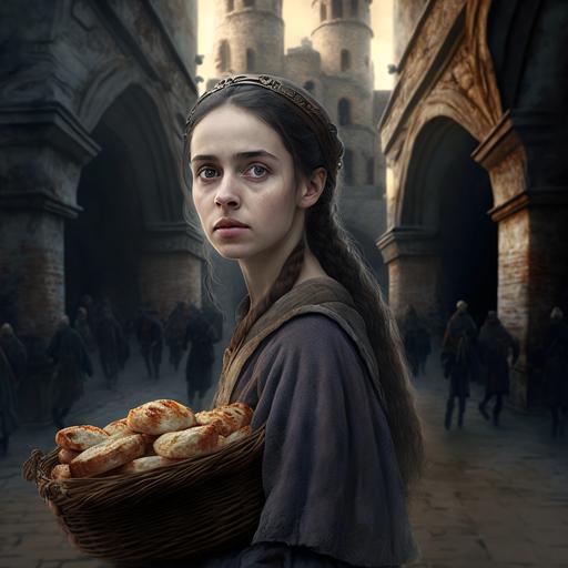 teenage girl poor medieval dark eyes market square castle stolen bread and running out the guards