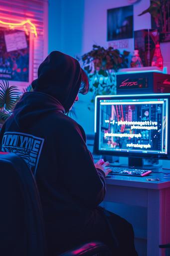 teenage hacker in black hoodie sitting in 90s teenager room hacking into the midjourney headquarters. his screen shows the words 