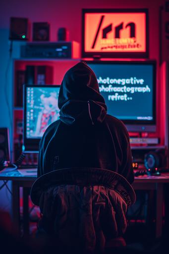 teenage hacker in black hoodie sitting in 90s teenager room hacking into the midjourney headquarters. his screen shows the words 