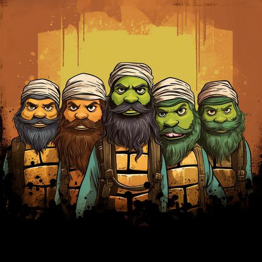 teenage mutant ninja turtles with beards Jewish star sewer, TMNT cartoon Hasidic Jewish, with turtle face abstract
