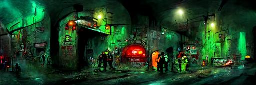 Down inside Sewer underworld redlight district sci-fi cyberpunk fantasy seedy street scene bad neighborhood urban crime sleazy animation cartoon background art —w 9000 —h 3000